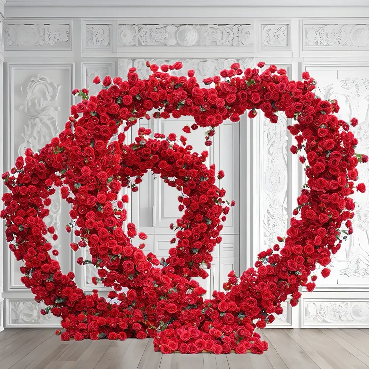2 Hearts — Two red heart arches, eight foot and six and a half, set side by side so the moment has depth as well as height