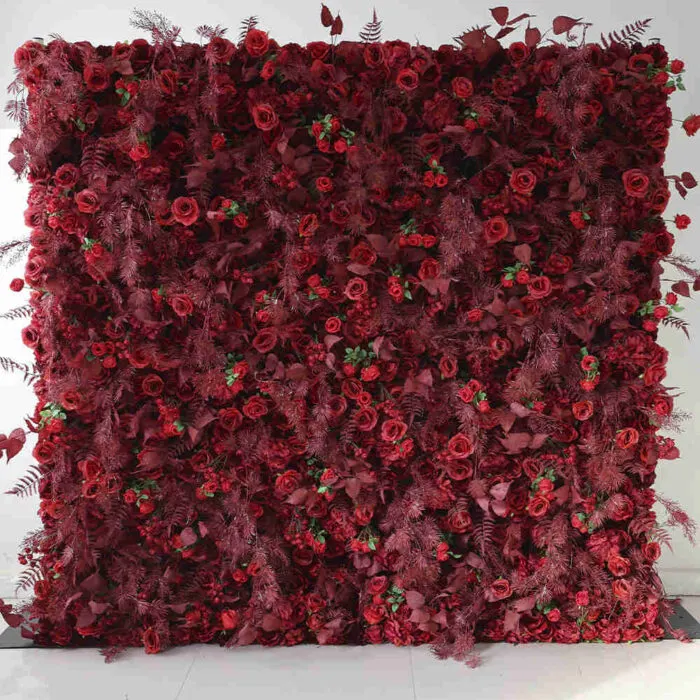 Abigail — A wall of deep crimson — roses, burgundy foliage and dark red ferns packed edge to edge