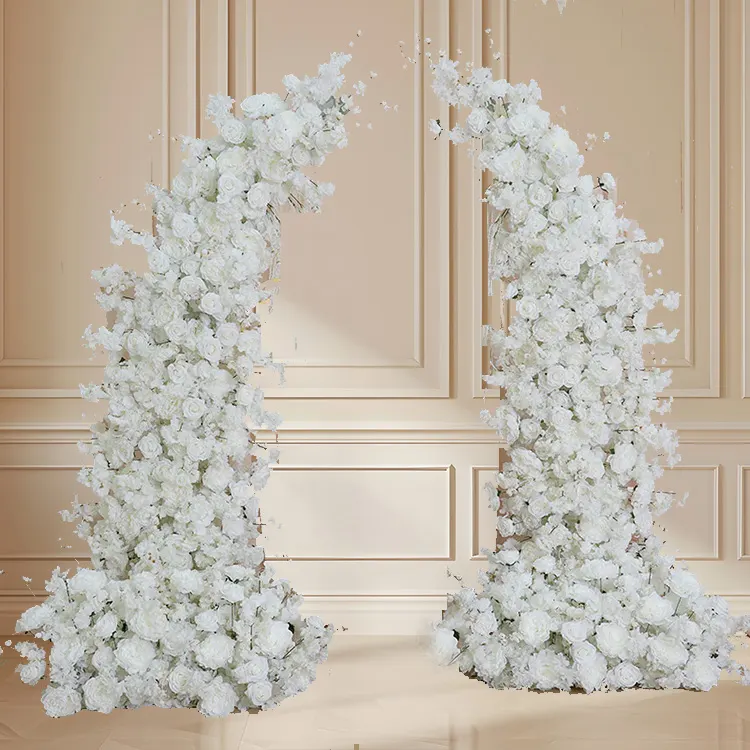 Artica — A white half floral archway, luminous and restrained, styled for an intimate proposal