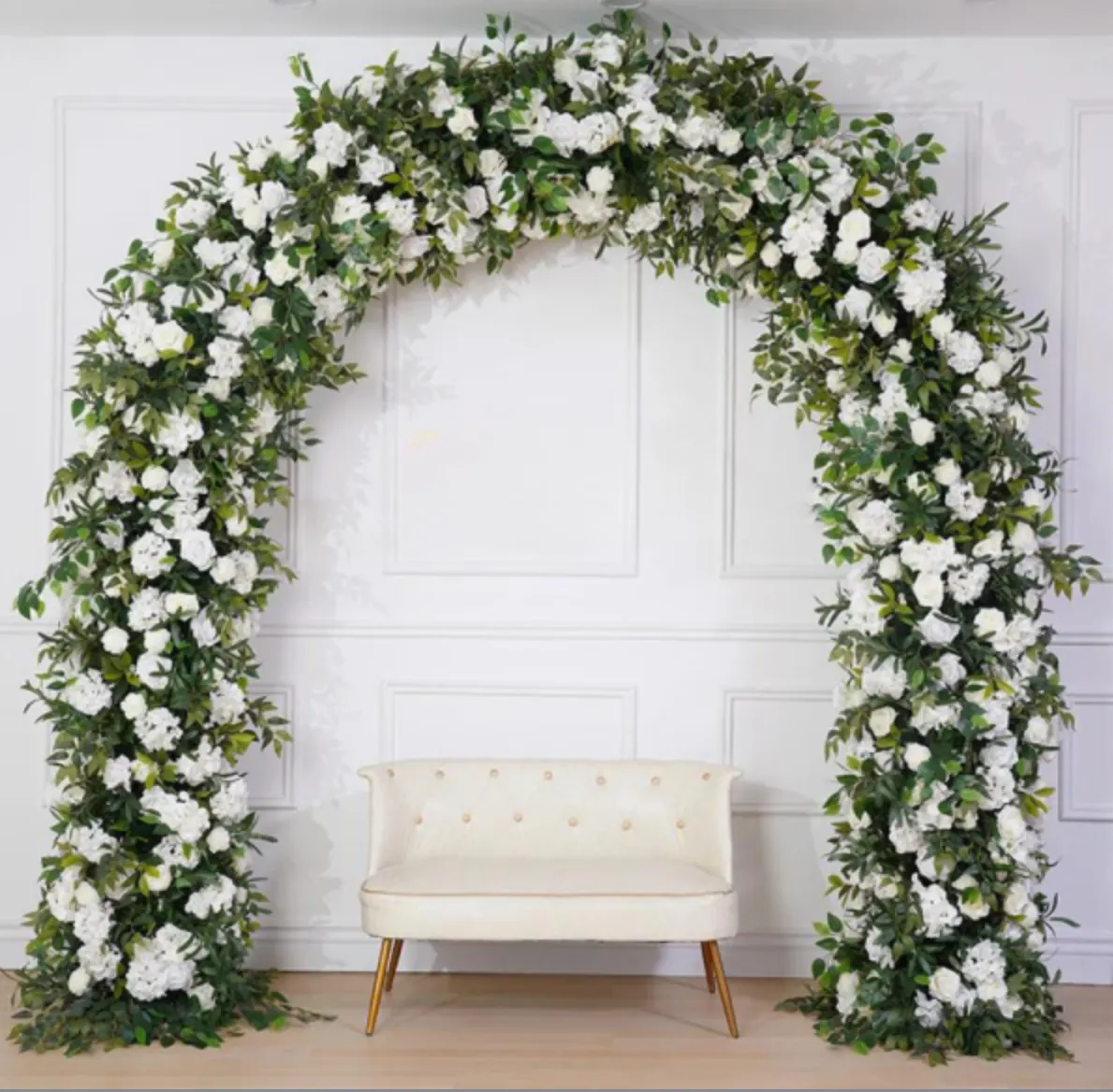 Glady's — A softly toned floral archway, elegant and unshowy, designed to flatter the couple first