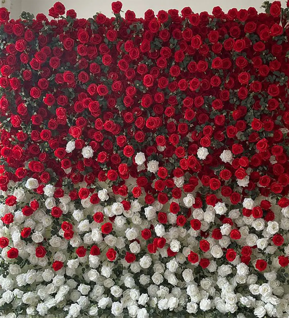 Ruby Red — Red and white blooms worked together across the wall — bold, with the white keeping it light