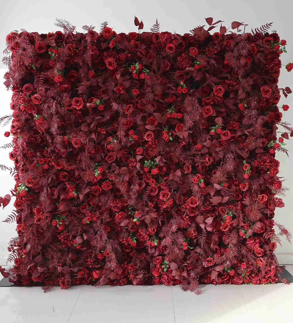 Valinda Rose — A long red luxury flower wall, our widest single backdrop, built for larger gatherings