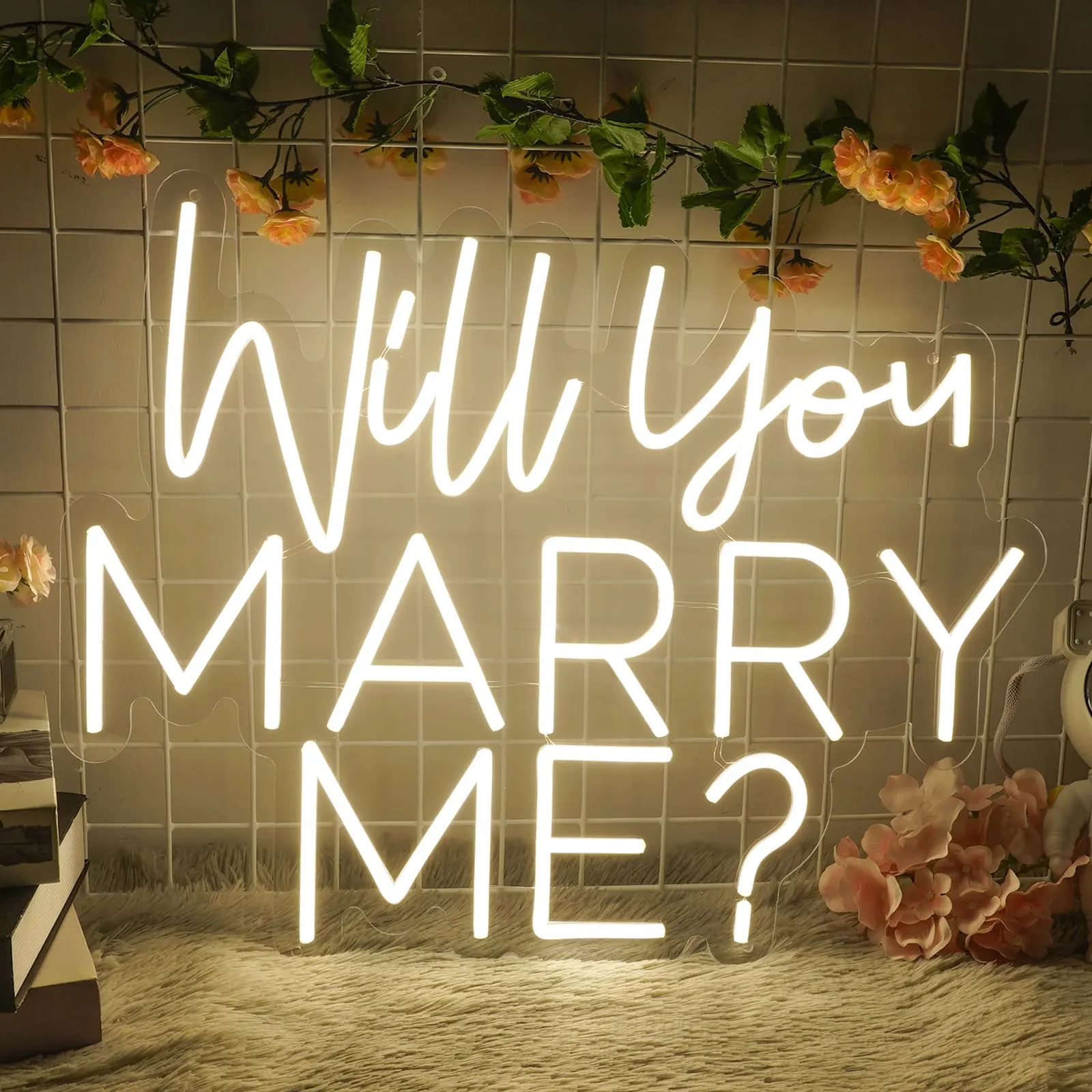 Will You Marry Me Neon Sign — A Will You Marry Me neon, warm and glowing, that carries the whole photograph on its own